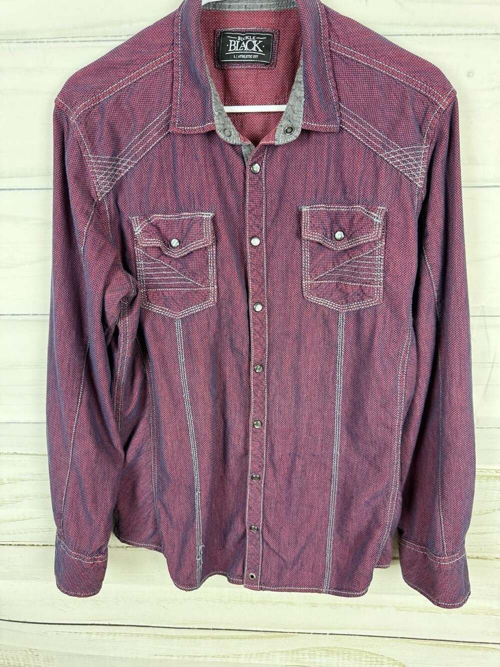 Buckle Black Men's Athletic Fit Lg sleeves Western Style Pearl Snap Shirt Maroo